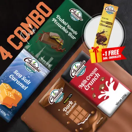 Diagonal layout of four 125g chocolate bars with a bonus 50g Dark Orange bar and a "+1 Free" red ribbon tag.