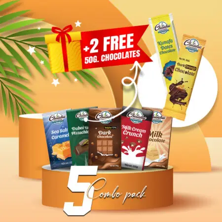 Five chocolate bars displayed on a podium with tropical leaves and a "+2 Free 50g Chocolates" gift promotion.