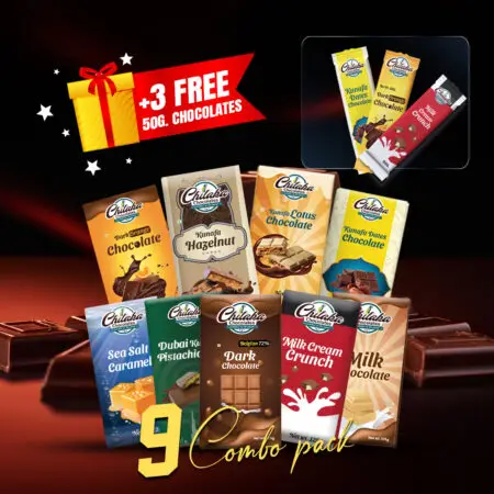 Luxury assortment of nine Chilaka chocolate bars displayed with a gift box and a "+3 Free 50g Chocolates" promotional offer.