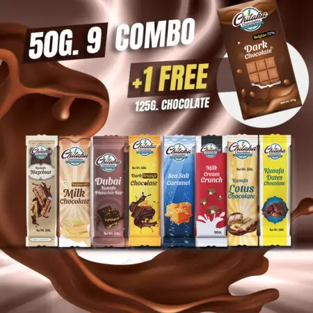 Promotional image for a 9-item chocolate combo featuring 50g bars and a free 125g Dark Chocolate bar over a liquid chocolate swirl.