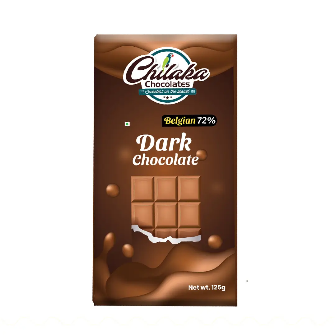 Belgian 72% Dark Chocolate bar featuring a classic brown wrapper with a realistic illustration of a dark cocoa block and melting chocolate swirls.
