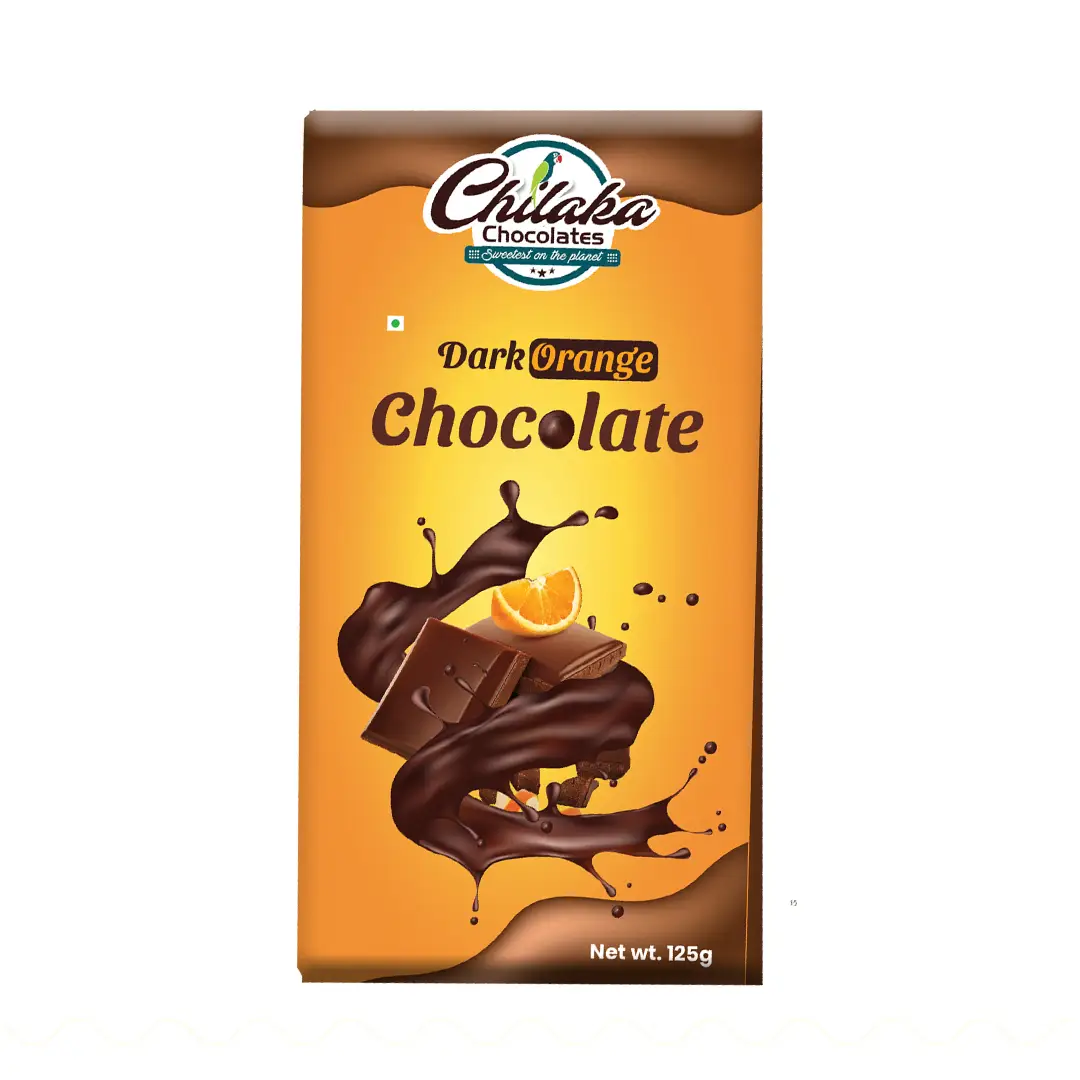 Dark Orange Chocolate bar by Chilaka, showing a splash of dark cocoa with a fresh orange slice and chocolate squares on an orange background.