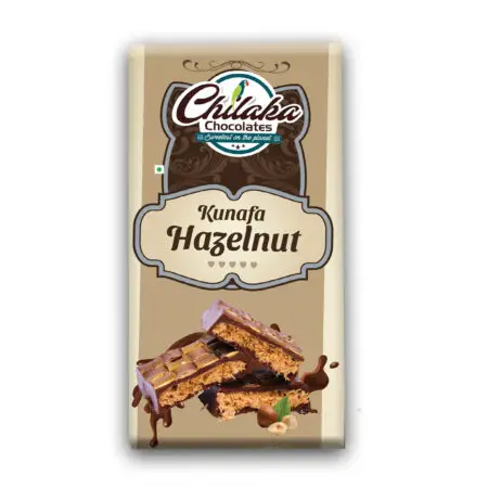 Kunafa Hazelnut Chocolate bar in beige packaging, featuring a detailed cross-section of a chocolate bar filled with toasted hazelnut kunafa pastry.