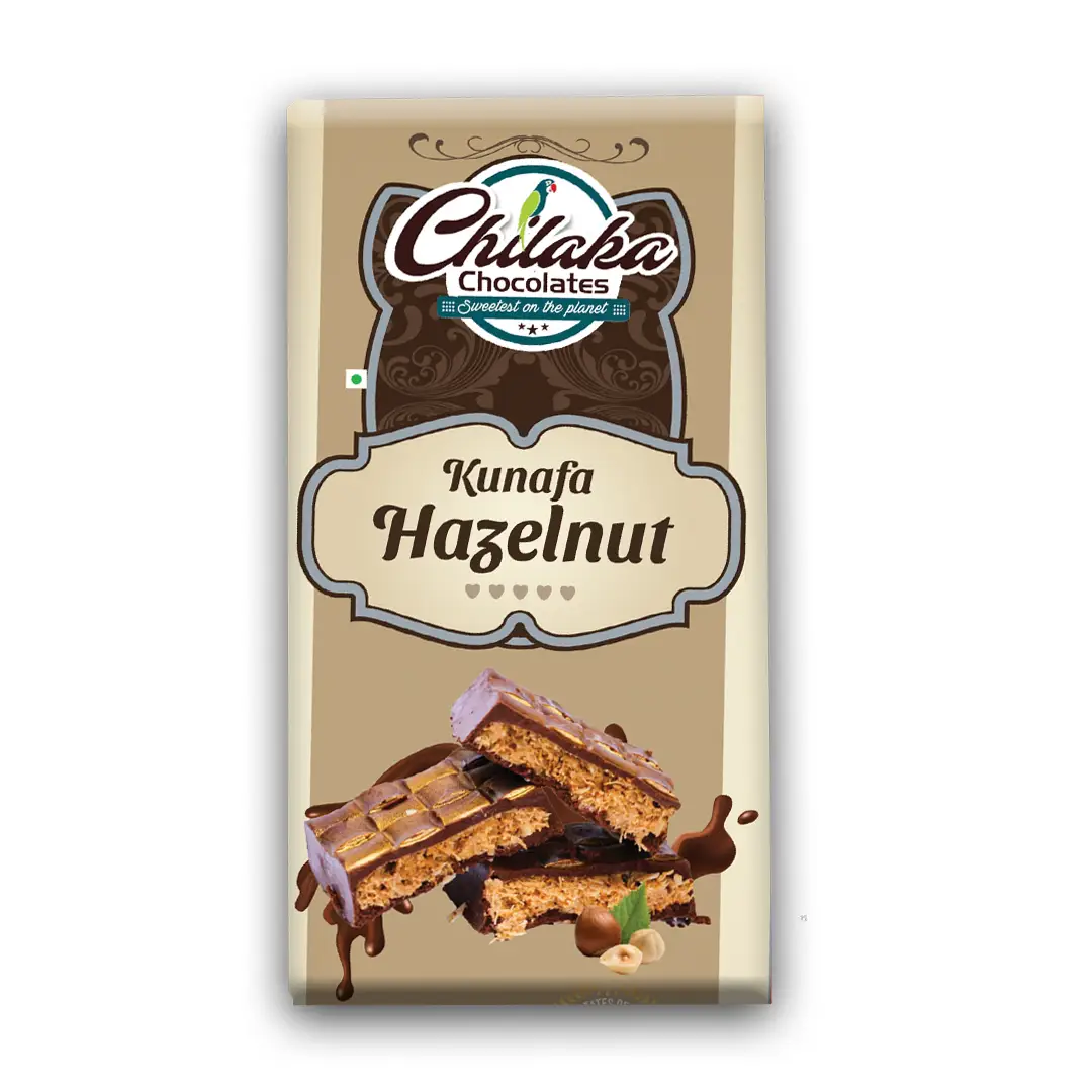 Kunafa Hazelnut Chocolate bar in beige packaging, featuring a detailed cross-section of a chocolate bar filled with toasted hazelnut kunafa pastry.