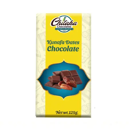Kunafa Dates Chocolate bar with yellow and white packaging, featuring a central graphic of dark chocolate squares and whole pitted dates.