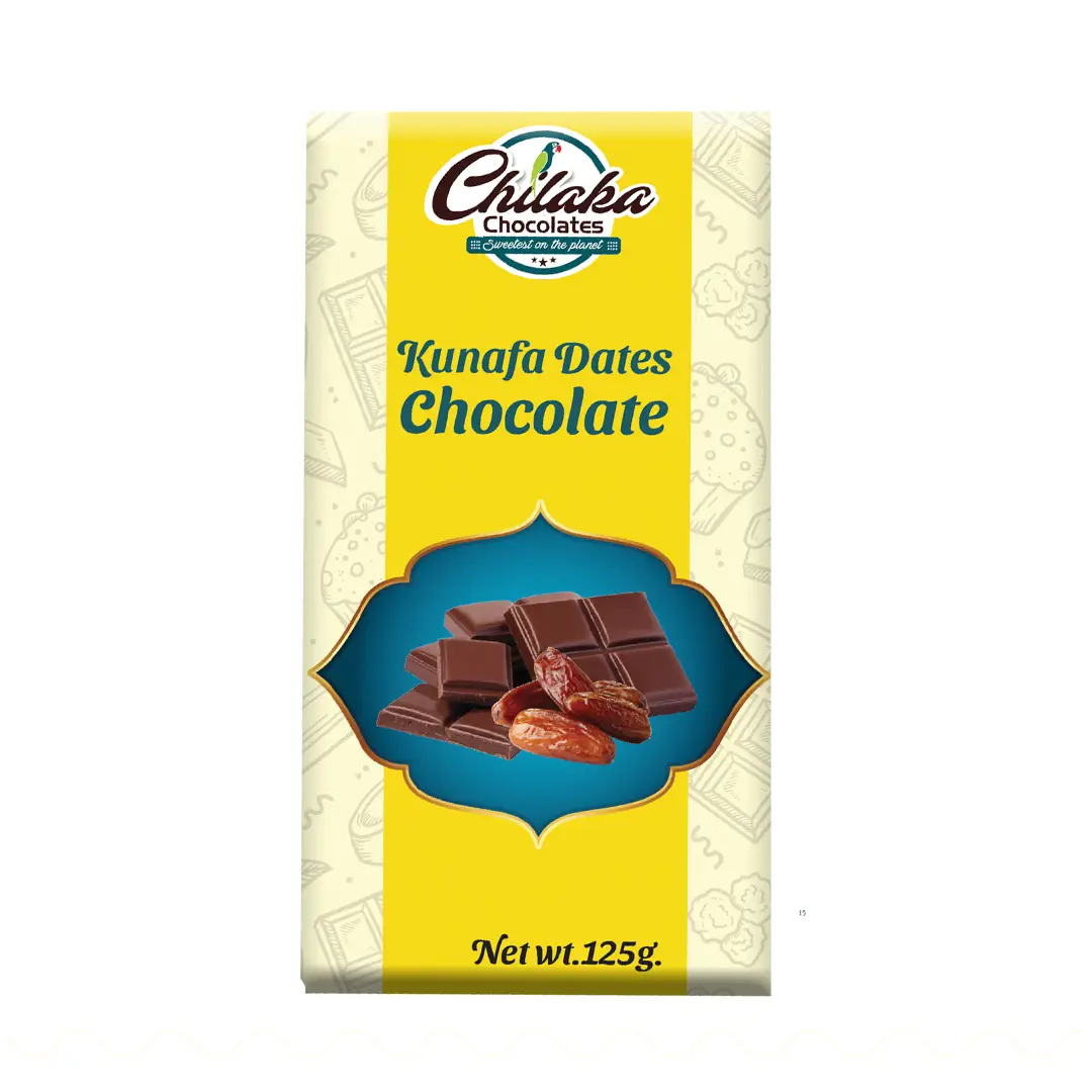 Kunafa Dates Chocolate bar with yellow and white packaging, featuring a central graphic of dark chocolate squares and whole pitted dates.