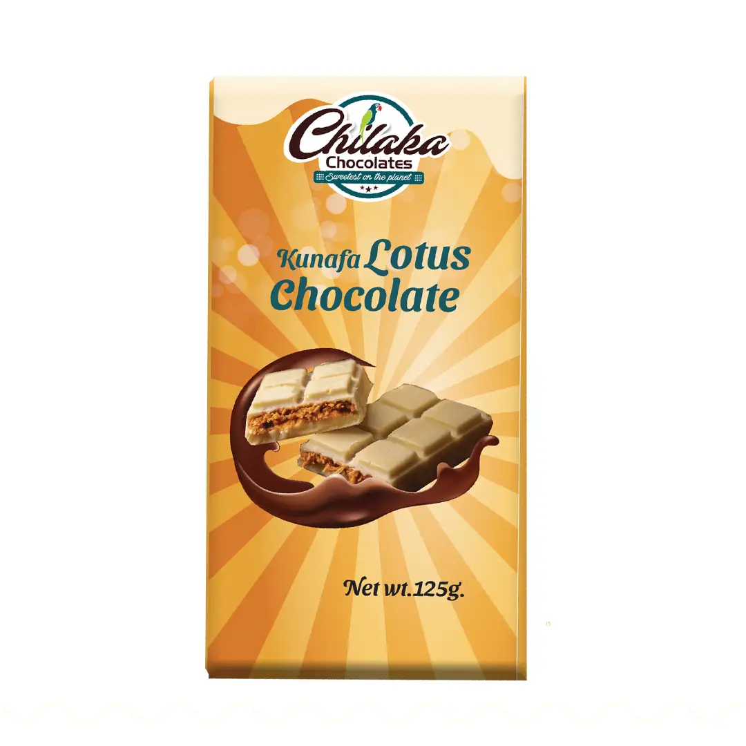 Chilaka Kunafa Lotus Chocolate bar packaging in gold, featuring an illustration of white chocolate squares with a crunchy biscoff-kunafa filling.