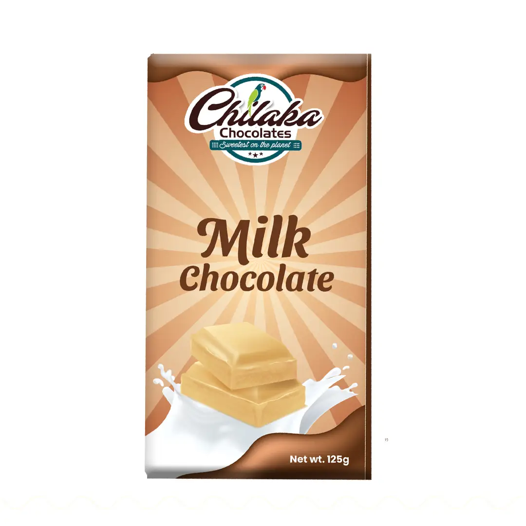 Chilaka Milk Chocolate bar in light tan sunburst packaging, illustrating cream-colored chocolate squares splashing into fresh white milk.