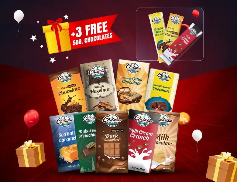Promotional graphic showing an assortment of Chilaka chocolate bars with a "+3 Free" gift box offer on a festive red background.